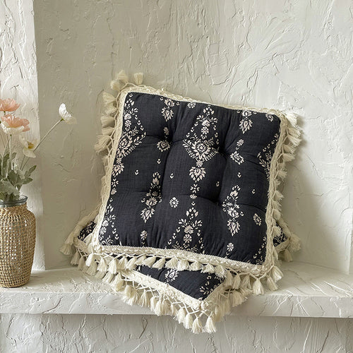Floral Chair Cushion, Cotton Linen Cover, Polyester Fiber Fill